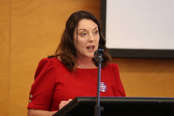 Cunningham MP Alison Byrnes speaks at a offshore wind community forum held in Thirroul in October. Picture by Robert Peet